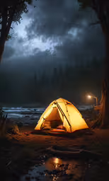 a tent set up at a river bank during a dark night,a camping tent is lit up by a flashlight
