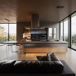 a living room and kitchen with huge windows