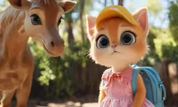 a cat is looking at a horse wearing a hat