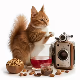 a cat on a table with food and a camera