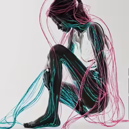 a woman sitting on the ground covered in strings