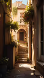an alley way between two buildings with flowers on the planter boxes