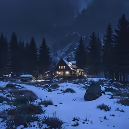 a cabin is surrounded by trees and snowy mountains