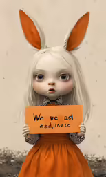 a doll with a yellow sign reads we ve ad madness