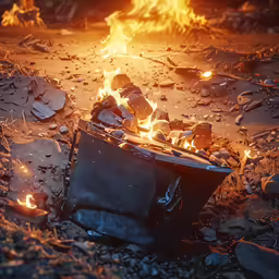a small metal box on fire surrounded by rocks and gravel