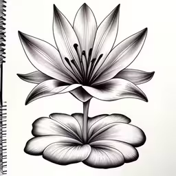 a pencil drawing of flowers on a notebook,a drawing of a flower is shown,a flower that is sitting on the ground,pencil drawing of a flower on white paper,some white flowers on top of a black and white drawing