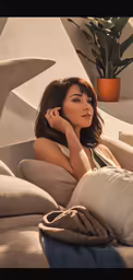 a woman is laying on top of a sofa
