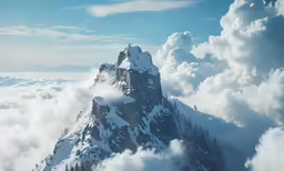 clouds covering mountains and pine trees and blue sky