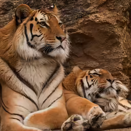two tigers sitting in front of a stone wall