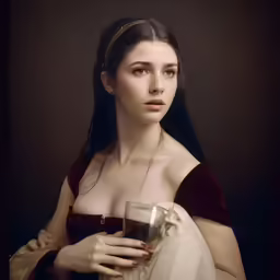 a woman is holding a glass in her hand