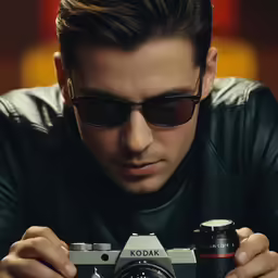 the young man is looking at his camera