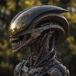 a weird looking alien standing with his head turned towards the camera