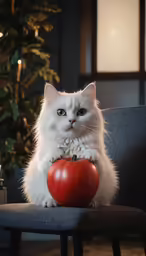 a white cat with a tomato in its mouth