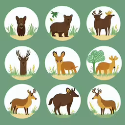 some animals are shown in the same circle,a series of various animals including deer and elk,the different types and colors of animals,several different types of deer in different colors,a group of deers and antlers on a white background