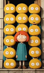 a girl stands with her eyes on some fake pumpkins