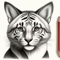 a tiger face is shown next to a pencil drawing of an animal,a drawing of a tiger with large eyes and a long mustache