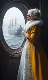 woman in yellow and white gown in front of window with large ship