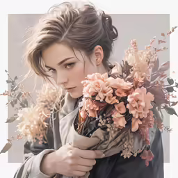 a woman is holding a bouquet of flowers