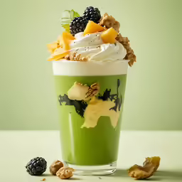a beverage with fruits and nuts surrounding it