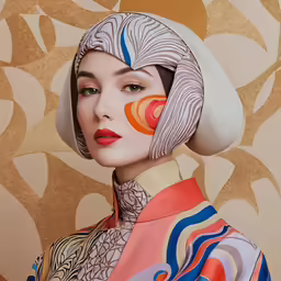 a woman with an unusual white hat on her head