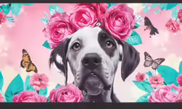 a dog is pictured with roses and butterflies