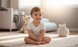 a baby sits on the ground in front of a teddy bear