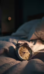 an alarm clock on top of a blanket in a bed