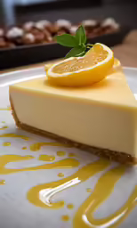 there is a small slice of cheesecake with a lemon on top
