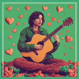 an artist sitting on the ground with his guitar,a man holding an acoustic guitar in front of hearts