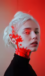 a woman with red flowers over her face