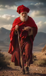 the old man is walking in his desert clothes