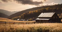 a barn in the field and some tall trees,an old barn with a metal roof stands next to a mountain