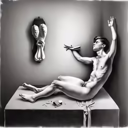 a male nude model sitting on top of a bench in front of a mirror