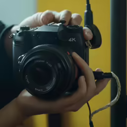 someone is holding a camera, using their hand to take the photo