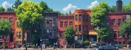 a painting depicting a group of buildings on a street corner