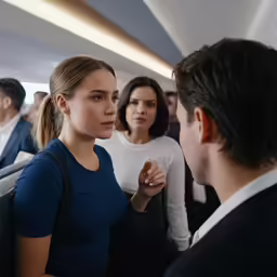 an airplane attendant talking to a passenger on the aisle