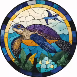 the glass art piece depicts a turtle in flight