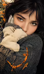 a woman with brown eyes and a sweater on