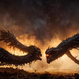 two black dragon fighting over a dirt field