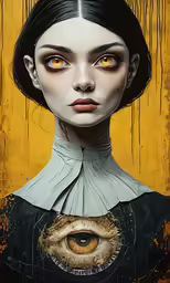 a painting of a girl with black hair and a gold eyeball