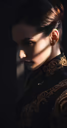 a woman with a bun in her hair looking down