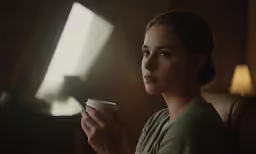 a woman sitting in a chair holding a coffee cup