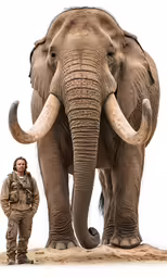 an elephant is standing with a person in a brown jacket