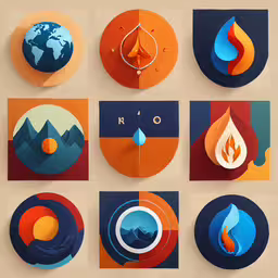 colorful geometric shapes with a map and mountains on one side,abstract clocks that reflect the world and the sun
