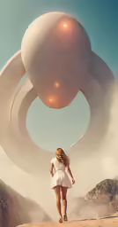girl walking in front of artwork in desert