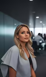a woman in grey stands by an office