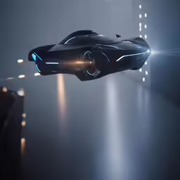 a futuristic vehicle in the air with neon lights