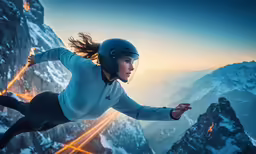 woman wearing a helmet flying through the sky on a mountain