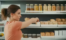 a woman pushing on a piece of food in a bakery