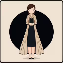 the woman is wearing a coat and black dress,a woman in black and brown dress standing in front of a round object